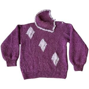 Vintage Handmade Purple & Pink  Diamond Knit Turtleneck Sweater Size Large